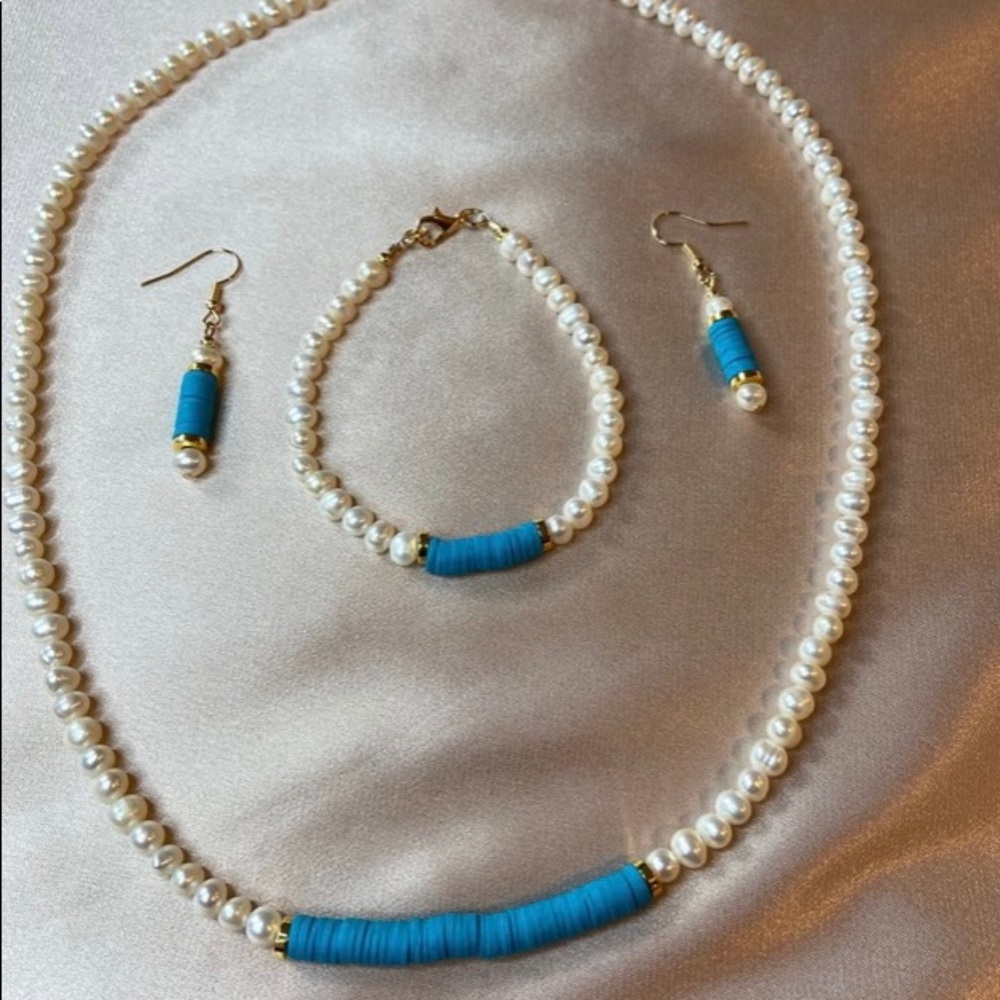 Real Pearls and Turquoise Heishi Vinyl Beads Set, Hand Made